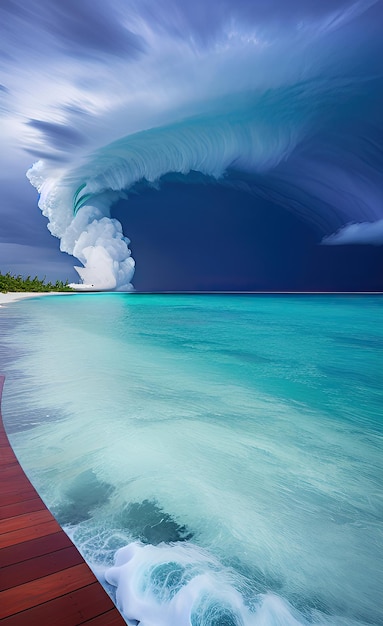 Un'immagine di una spiaggia con sopra una nuvola che dice "la tempesta".