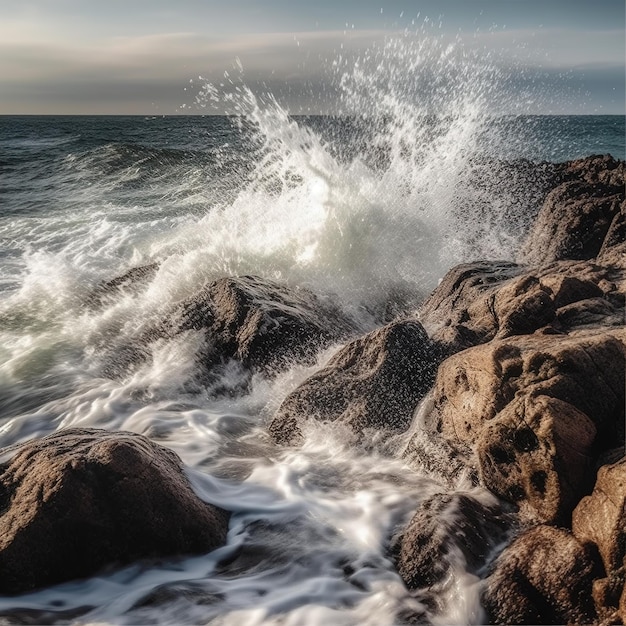Un'immagine di una spiaggia rocciosa con le onde che si infrangono contro di essa.