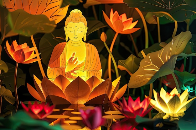 un'immagine di una statua di Buddha circondata da fiori