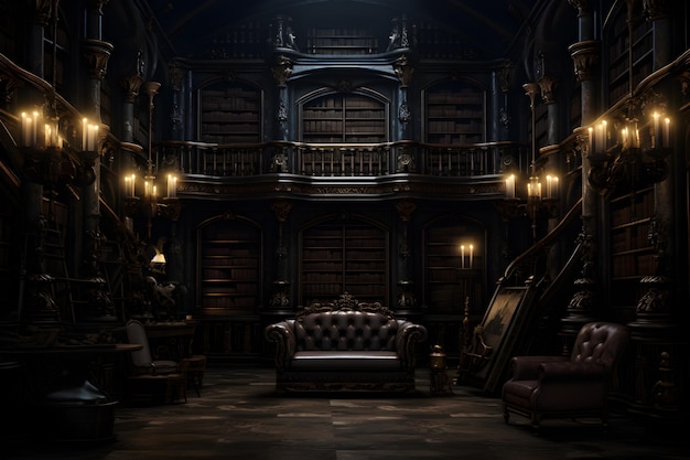 un'immagine di una vecchia biblioteca in un luogo buio nello stile di strati ricchi di texture