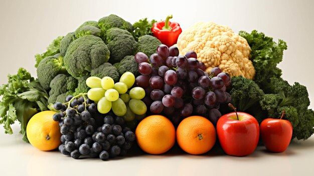 Un'immagine di verdure e frutta su sfondo bianco