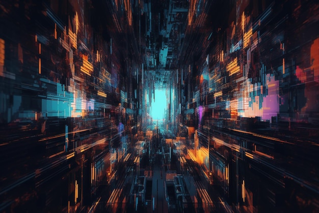 Un'immagine digitale di una città con una luce blu e le parole cyberpunk su di essa.