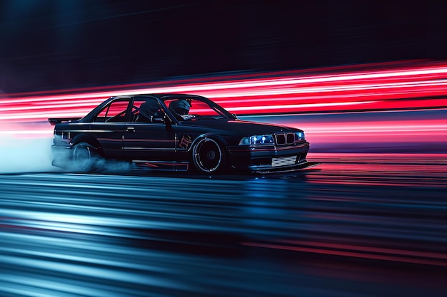 Un'immagine dinamica che cattura una BMW in movimento di notte illuminata da luci rosse sorprendenti