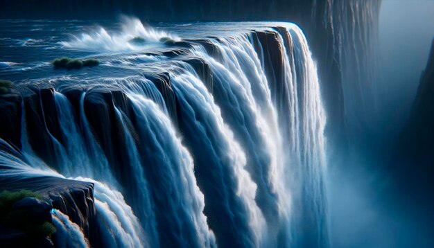 Un'immagine drammatica di una cascata in cascata con nebbia e toni blu scuro impostati su uno sfondo lunatico che evoca il potere della natura AI generativa