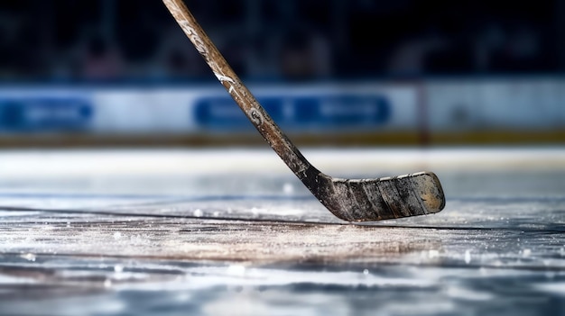 Un'immagine drammatica di una mazza da hockey e di un disco su un campo di ghiaccio