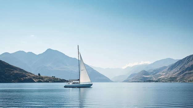 Un'immagine elegantemente minimalista di uno yacht di lusso che naviga su acque serene