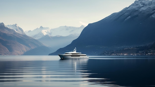 Un'immagine elegantemente minimalista di uno yacht di lusso che naviga su acque serene