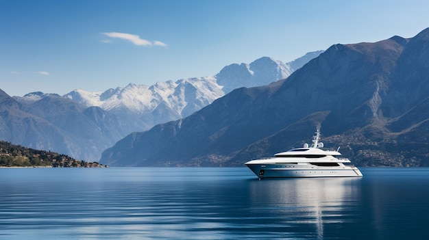 Un'immagine elegantemente minimalista di uno yacht di lusso che naviga su acque serene