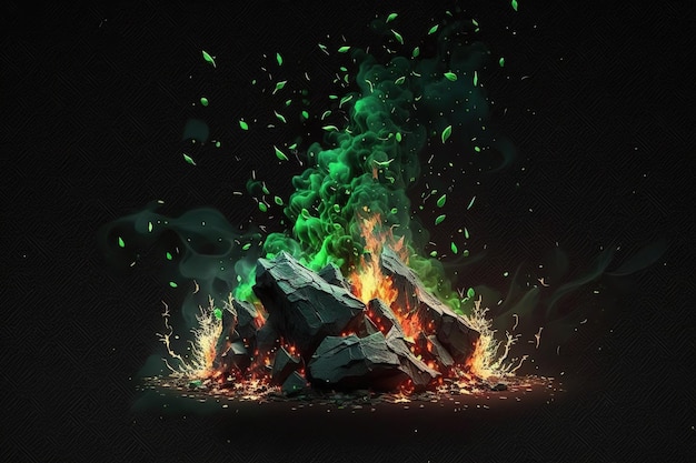 Un'immagine fantastica l'effetto del fuoco verde accende una fiamma verde ardente con particelle volanti su uno sfondo nero AI generativa