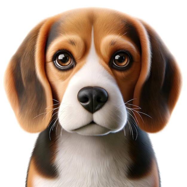 Un'immagine fotorealista di un beagle gioioso isolato su uno sfondo bianco Il beagle è in un gioco