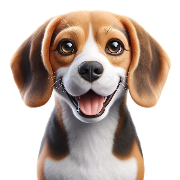 Un'immagine fotorealista di un beagle gioioso isolato su uno sfondo bianco Il beagle è in un gioco