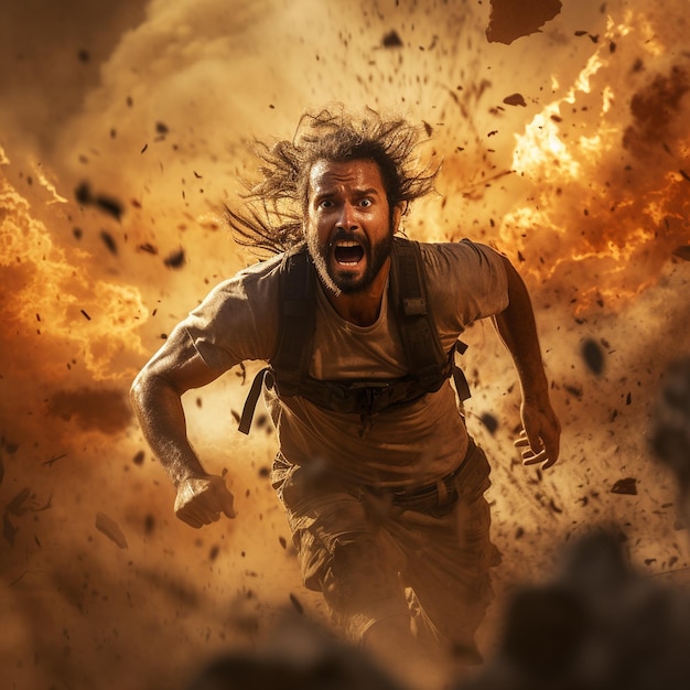 un'immagine fotorealista di un uomo con la pelle d'oliva che fugge dalle fiamme