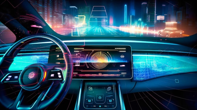 Un'immagine futuristica di un cruscotto per auto situato su uno sfondo di circuito digitale con un grado di colore scifi e display olografici