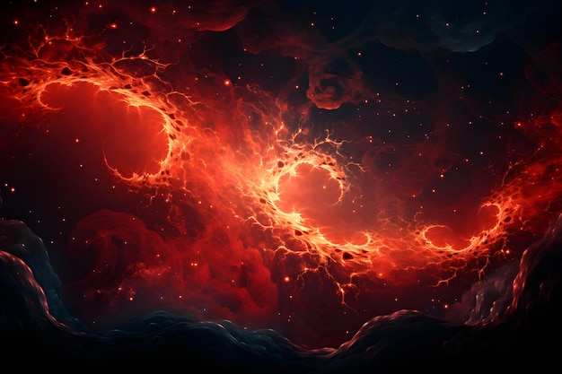 un'immagine generata dal computer di un buco nero nel cielo Abbagliante vivaio stellare in rosso cremisi con