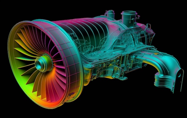 Un'immagine generata dal computer di un motore a reazione con un effetto colorato arcobaleno.