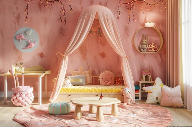 Un'immagine generativa dell'AI della camera da letto dei bambini con diversi mobili e decorazioni a due piani