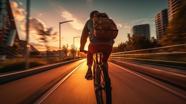 Un'immagine generativa di un uomo che consegna cibo in bicicletta su una strada della città con un grande zaino al tramonto