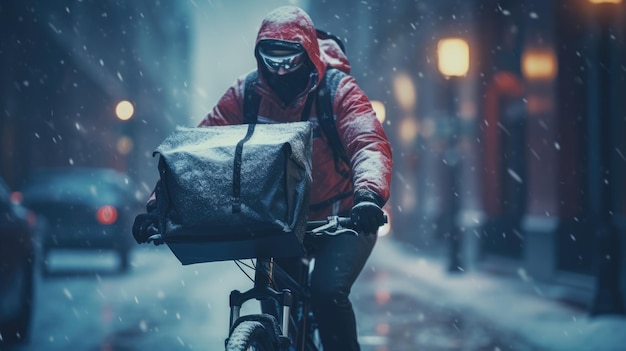 Un'immagine generativa di un uomo che consegna cibo in bicicletta su una strada della città con un grande zaino in inverno in caso di nevicata