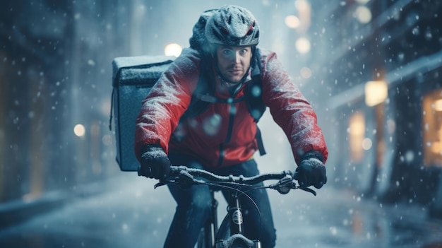 Un'immagine generativa di un uomo che consegna cibo in bicicletta su una strada della città con un grande zaino in inverno in caso di nevicata