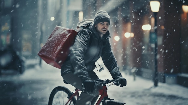 Un'immagine generativa di un uomo che consegna cibo in bicicletta su una strada della città con un grande zaino in inverno in caso di nevicata
