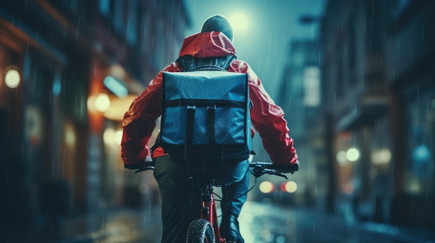 Un'immagine generativa di un uomo che consegna cibo in bicicletta su una strada della città con un grande zaino sotto la pioggia