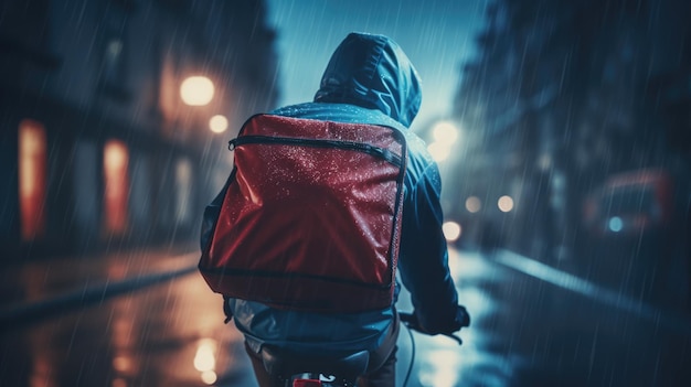 Un'immagine generativa di un uomo che consegna cibo in bicicletta su una strada della città con un grande zaino sotto la pioggia