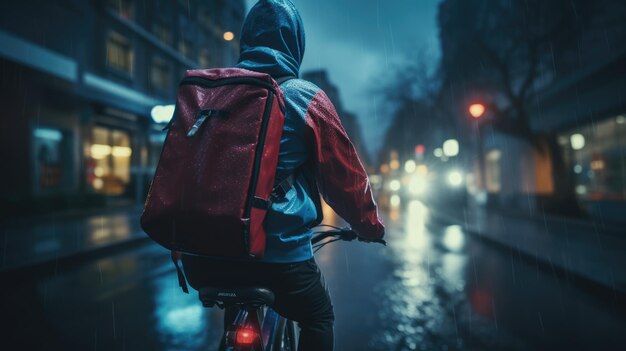 Un'immagine generativa di un uomo che consegna cibo in bicicletta su una strada della città con un grande zaino sotto la pioggia