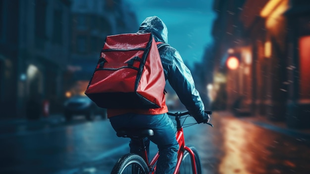 Un'immagine generativa di un uomo che consegna cibo in bicicletta su una strada della città con un grande zaino sotto la pioggia
