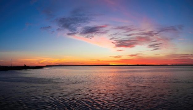 Un'immagine grandangolare del tramonto oltre la baia