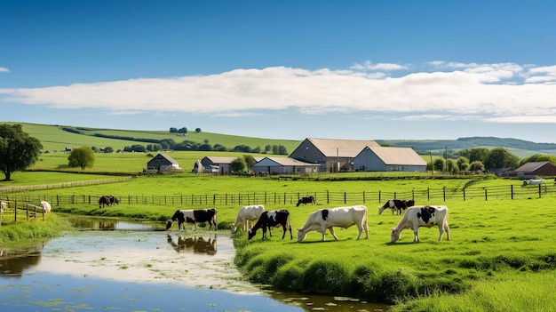 Un'immagine idilliaca di una fattoria lattiero-casearia che mostra mucche che pascolano in un lussureggiante pascolo verde