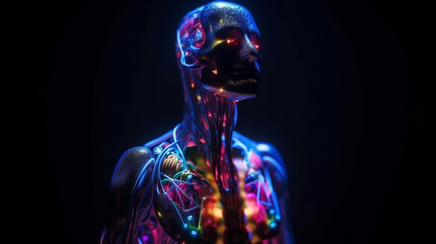 Un'immagine illuminata di un corpo umano con le parole "cuore" su di esso