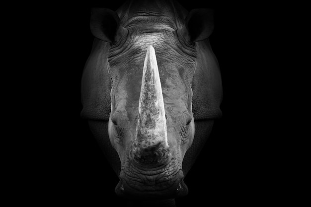 Un'immagine in bianco e nero della testa di un rinoceronte.