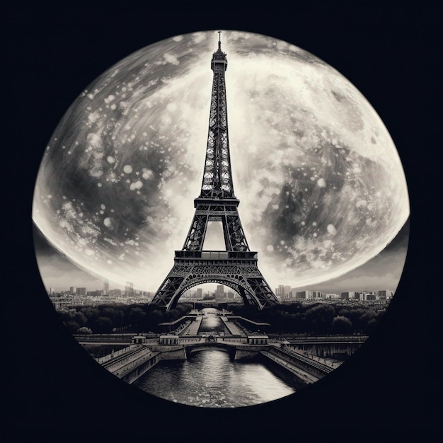 Un'immagine in bianco e nero della torre eiffel con la luna sullo sfondo.