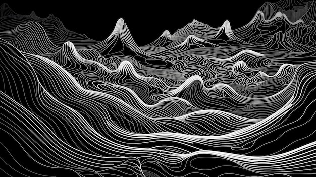 Un'immagine in bianco e nero di montagne e linee con le parole "montagna" sul fondo.