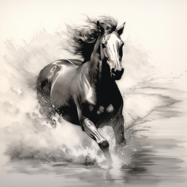 un'immagine in bianco e nero di un cavallo che corre nell'acqua