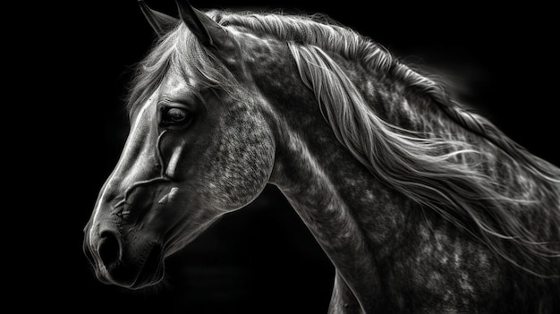 Un'immagine in bianco e nero di un cavallo con una lunga criniera.