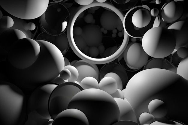 Un'immagine in bianco e nero di un gruppo di sfere con la parola "sul fondo".