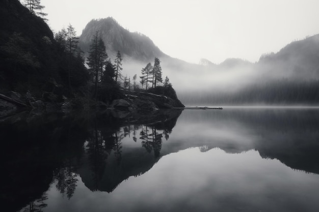 Un'immagine in bianco e nero di un lago con alberi e montagne sullo sfondo.
