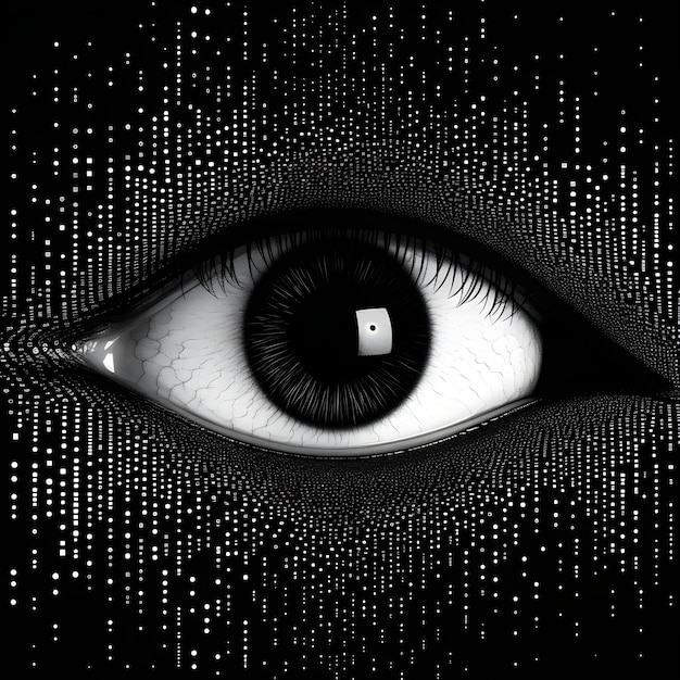 Un'immagine in bianco e nero di un occhio umano con uno sfondo nero con un punto bianco.