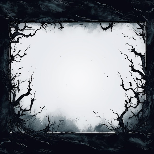 un'immagine in bianco e nero di una cornice con un albero sullo sfondo