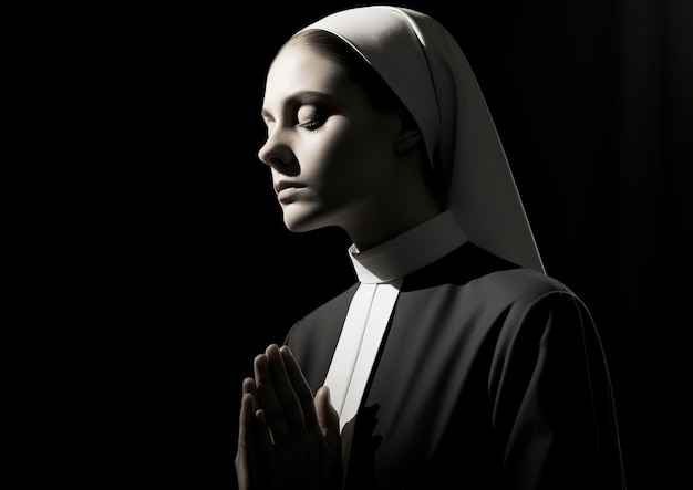 Un'immagine in bianco e nero di una suora in preghiera catturata in uno stile minimalista con forte contrasto e