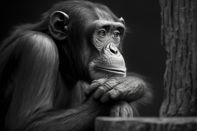 Un'immagine in bianco e nero di uno scimpanzé con uno sguardo pensieroso IA generativa