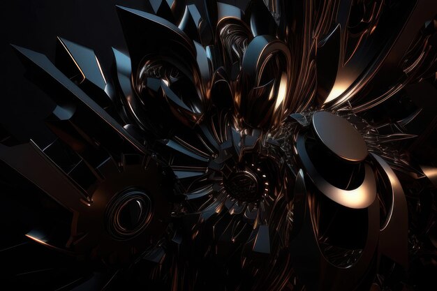 Un'immagine in nero e oro di una struttura metallica a spirale con un grande fiore al centro.
