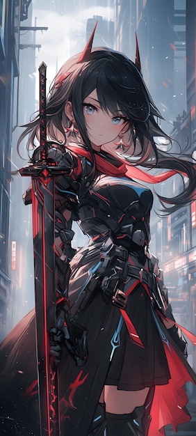 Un'immagine in stile anime di una ragazza cyberpunk che brandisce una katana