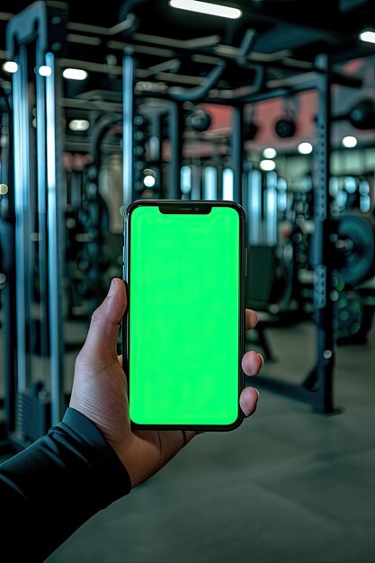 Un'immagine in studio di una mano che tiene un cellulare con una palestra di powerlifting sullo sfondo lo schermo del cellulare è verde e è rivolto verso la telecamera ar 23 v 6 Job ID 7e0add3f2d61465582f2151b48293d1e