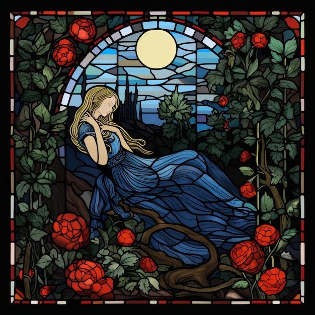 un'immagine in vetro colorato di una donna con un vestito blu