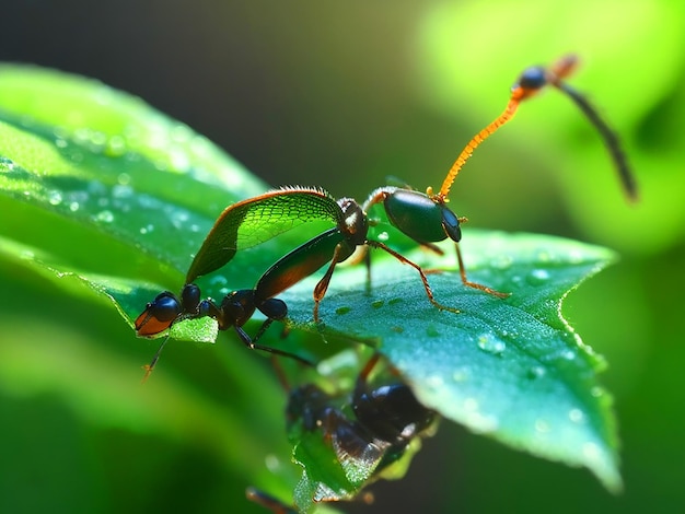 Un'immagine iperrealistica di una formica con il suo esoscheletro che brilla nella rugiada mattutina su un verde vibrante