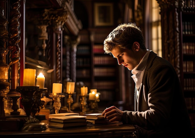 Un'immagine ispirata al classicismo di uno stagista che lavora in una biblioteca grande e decorata circondata da torri