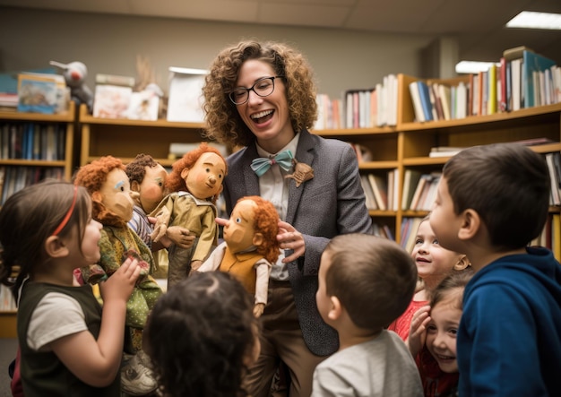 Un'immagine ispirata alla performance di un bibliotecario che interagisce con un gruppo di bambini che utilizzano marionette