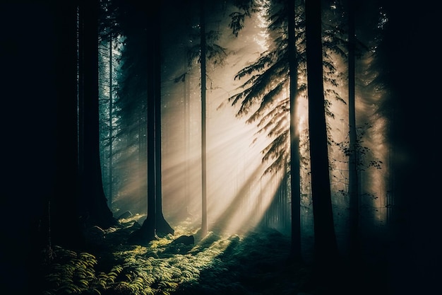 Un'immagine lunatica e suggestiva di una fitta foresta avvolta nella nebbia
